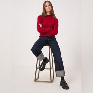 Organic Cashmere Sweater Ribbed‎ Stand Collar Berry Magenta Size 40 M